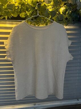 Women’s Cream Textured Short Sleeve Top with Flouncy Sleeves